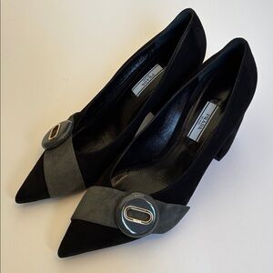 PRADA Block Heel Buckle Black Suede Pumps
